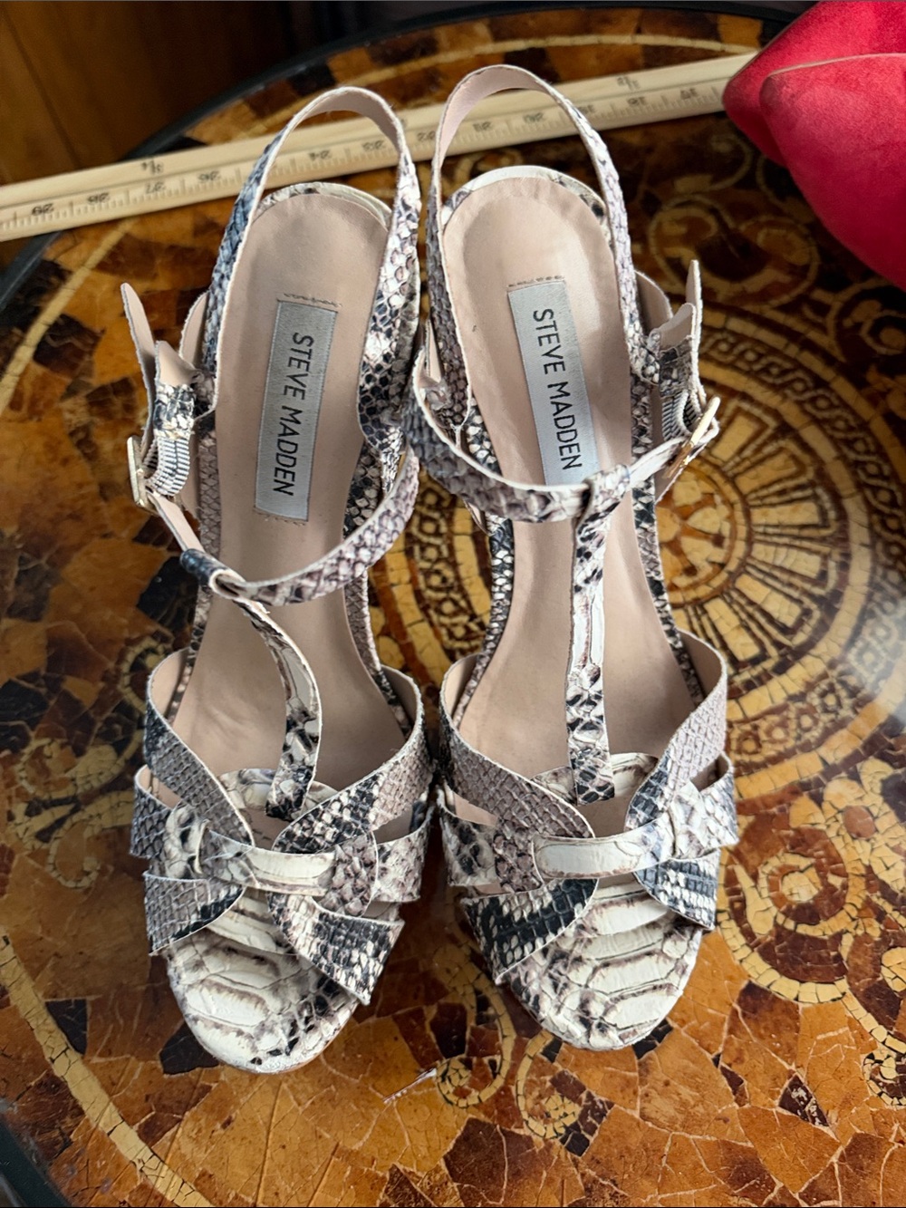 Steve Madden Snake-Print T-Strap Heels in Beige and Black